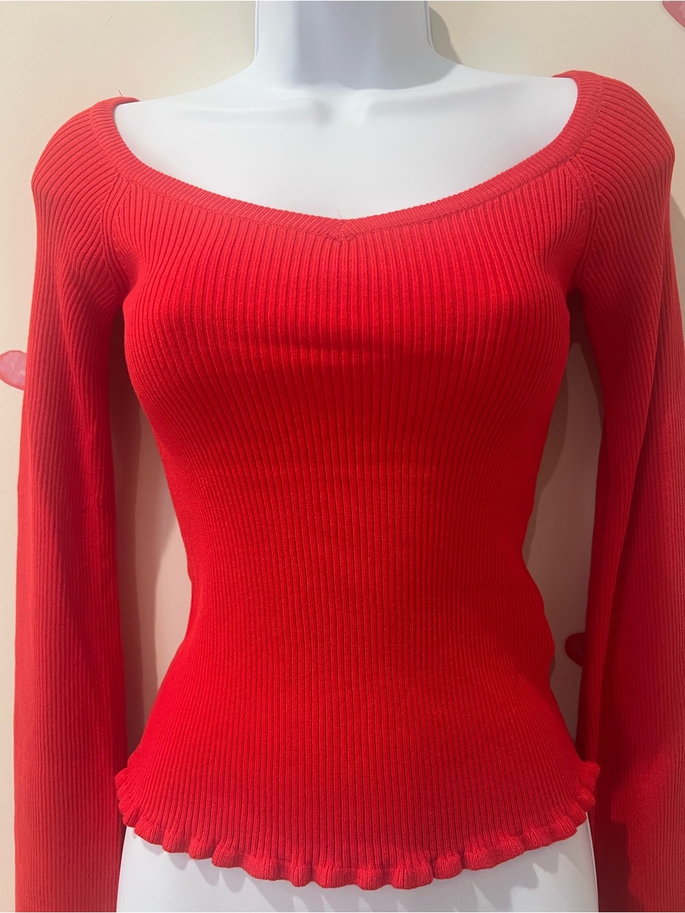 Women's Off-Shoulder Ribbed Sweater in Red